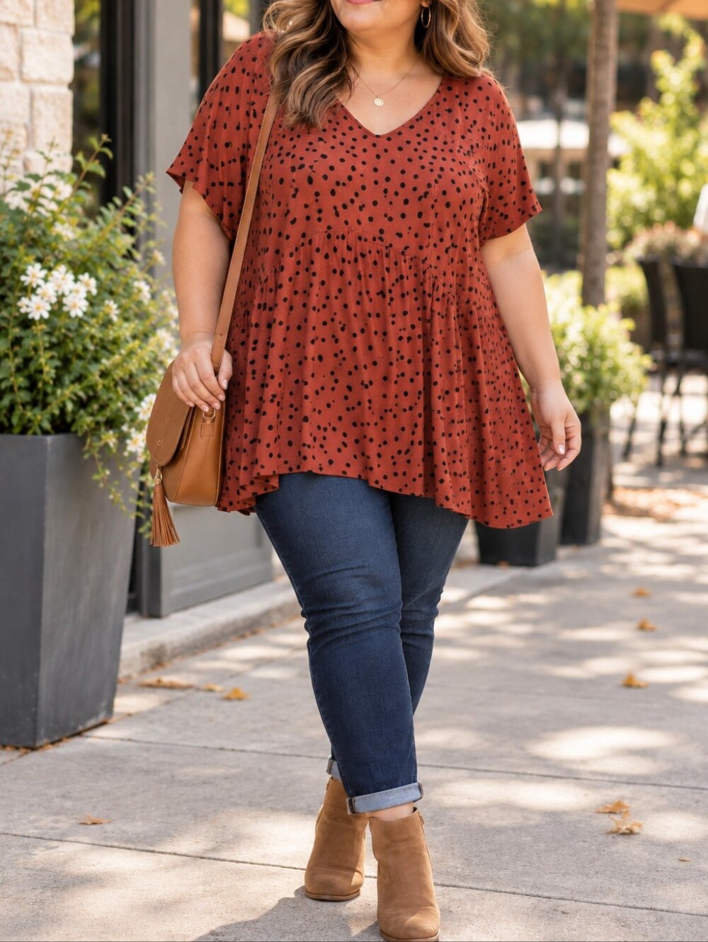 In Every Story Plus Size Rust Polka Dot V-Neck Babydoll Tunic Top